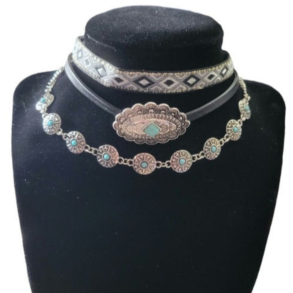 3 piece boho synthetic turquoise silver tone south west choker necklace bundle
